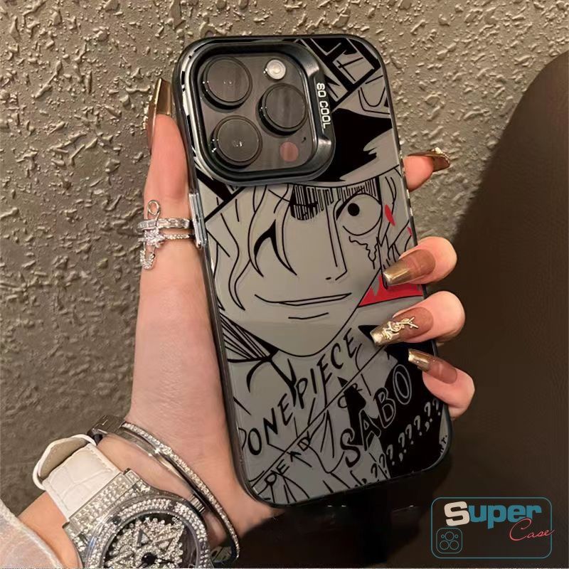 เคสโทรศัพท์มือถือ แบบนิ่ม ลายการ์ตูนวันพีช ลูฟี่ Zoro Sabo ชุบโลหะ สําหรับ IPhone 11 12 13 14 15 Pro Max 7 8 Plus XR X XS Max 14 15 Plus