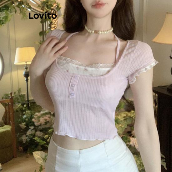 Lovito เสื้อยืดผู้หญิง ปลอม 2 อิน 1 สีพื้น สไตล์ลำลอง LNA64043