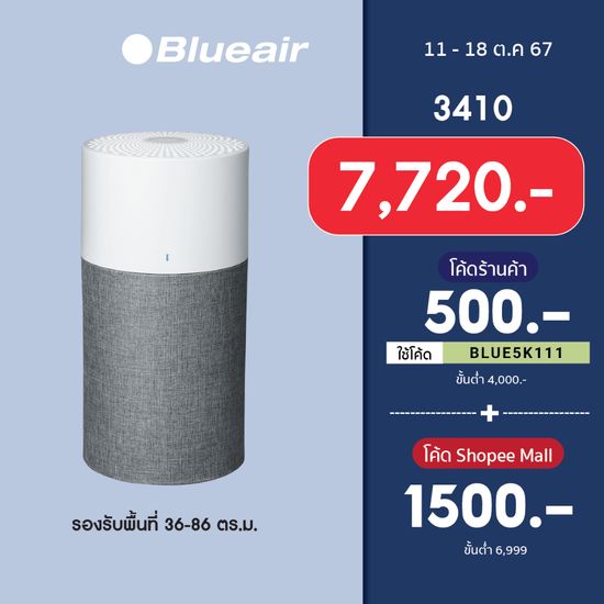 Blueair เครื่องฟอกอากาศ Air Purifier รุ่น Blue 3410 ครอบคลุมขนาดห้อง 86 ตร.ม ฟอกเร็วสูงสุดใน 30 นาที รับประกัน 3 ปี