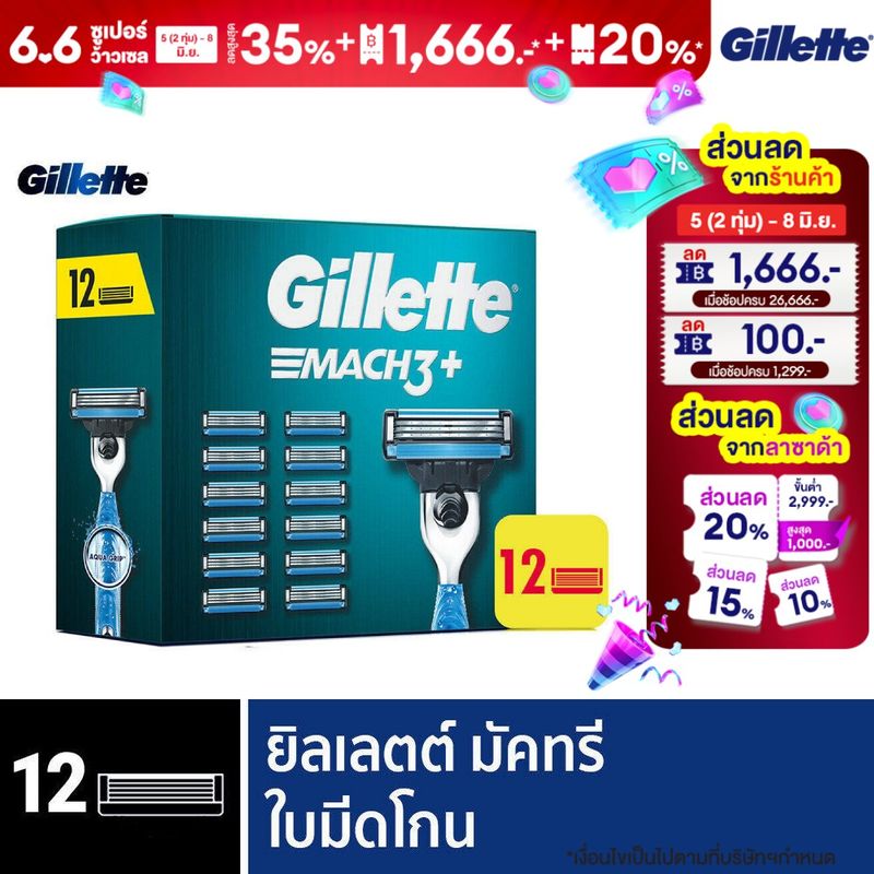 [แพ็คสุดคุ้ม] ยิลเลตต์ มัคทรี พลัส ใบมีดโกน แพ็ค 12 ชิ้น Gillette Mach3+ Blade 12 Cartridges Refills