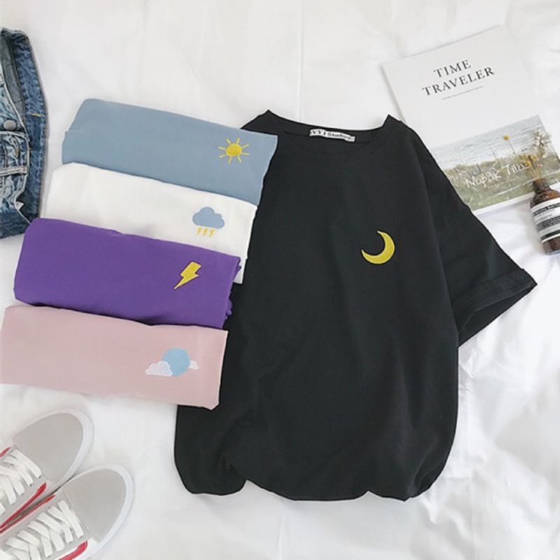 Janylucy 🐰 🌞🌙เสื้อยืด ลายปัก Sun&Moon☀️🌧⚡️M-2XL 5 สี เนื้อผ้า ใส่สบาย 🐰