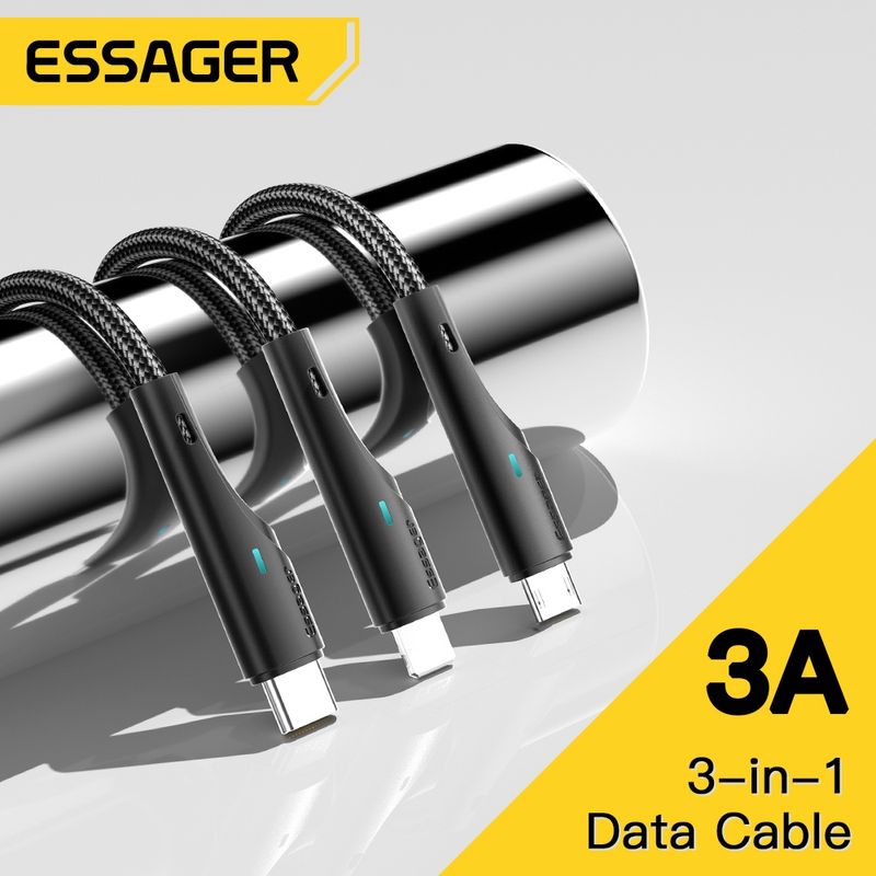 Essager 3 In 1 สายเคเบิลไนล่อนถัก สายชาร์จเร็ว Micro USB Type C สายชาร์จ USB หลายพอร์ต