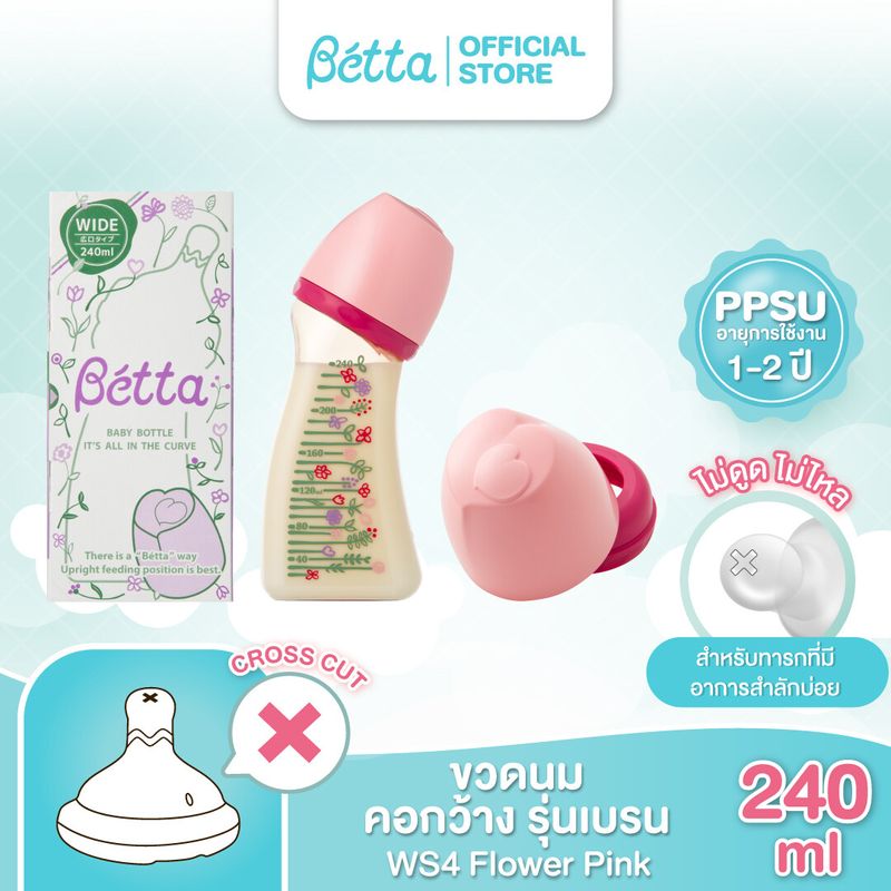 Dr.Betta Baby Bottle WS4 Flower 2 Colors 240ml (PPSU) ขวดนมคอกว้าง บรรจุพร้อมจุกนม Brain Cross Cut (รูจุกกากบาท แบบไม่ดูดไม่ไหล ลดอาการสำลักน้ำนม)