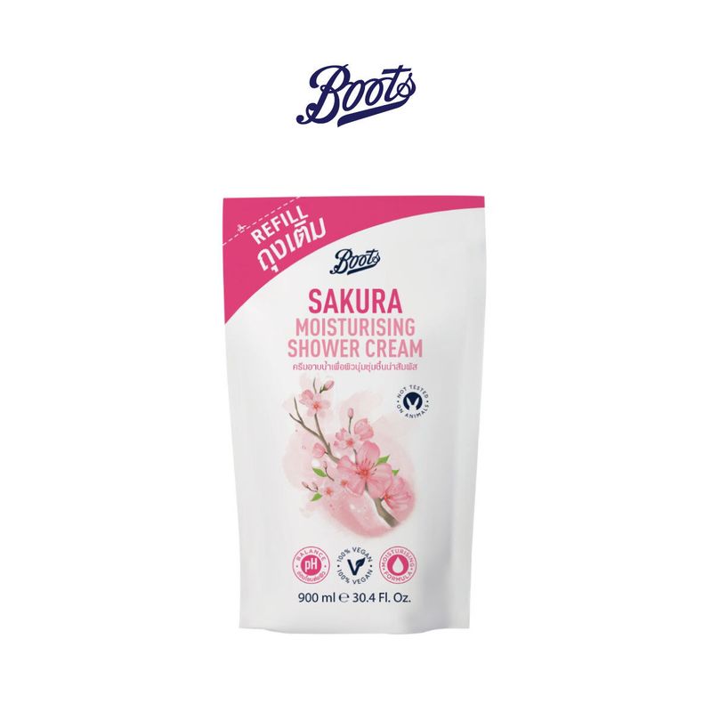 Boots Sakura Moisturising Shower Cream บู๊ทส์ ซากุระ มอยส์เจอร์ไรซิ่ง ชาวเวอร์ ครีม ชนิดถุงเติม 900 มล.