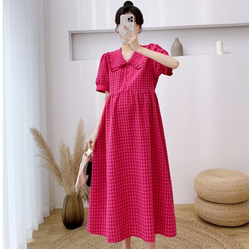 IQANGEL ชุดสตรีมีครรภ์กระโปรงทรงเอยาวขนาดใหญ่หลวม Slim Red Plaid Dress