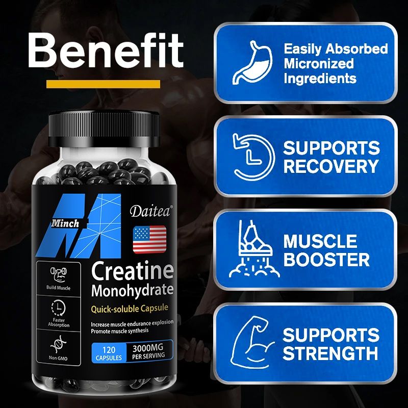 Creatine โมโนไฮเดรต แคปซูล สนับสนุนความแข็งแรง พลังงาน - ทดลองความอดทนของผู้ชาย อาหารเสริมกล้ามเนื้อ รองรับสุขภาพกระดูก 120 แคปซูล