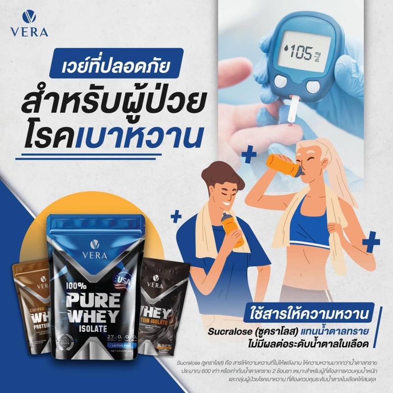 VERA Whey Protein Isolate สูตรลีนไขมัน ทดแทนมื้ออาหาร เสริมสร้างมวลกล้ามเนื้อ 3 รสชาติ - ขนาด 2 Lbs.