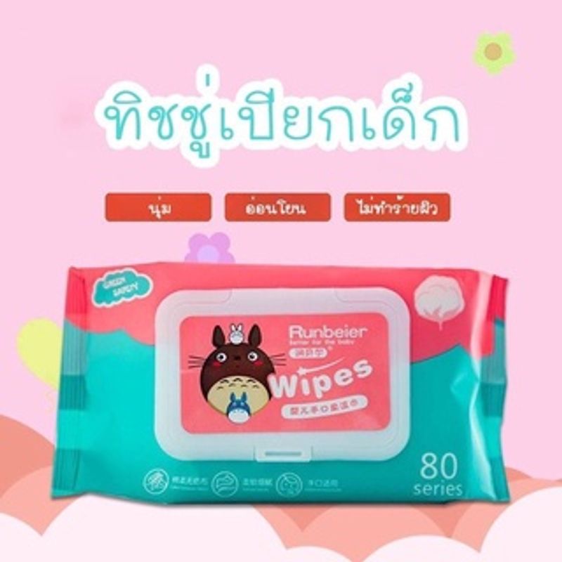 💖ทิชชู่เปียก Runbear ผ้าเปียกรันแบร์ Baby Wipes 80แผ่น สูตรน้ำแร่ อ่อนโยนต่อผิว ไม่มีแฮลกอฮอล์