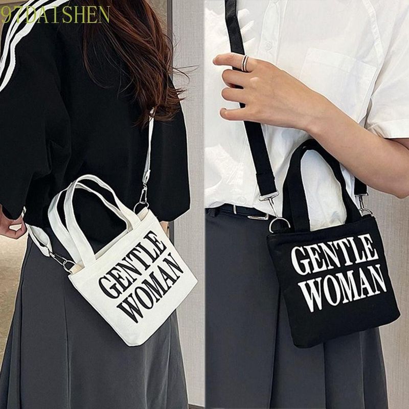 Daishen1 Gentlewoman กระเป๋าสะพายไหล่ กระเป๋าถือ ผ้าแคนวาส มีซิป ลายตัวอักษรไทย สําหรับสตรี นักเรียน