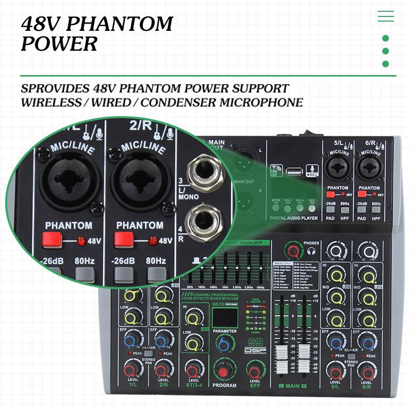 COD Audio Mixer ผลิตภัณฑ์ในสต็อก AK4/6/8 Channel มิกเซอร์เสียงมืออาชีพ 99 DSP เสียงบลูทูธ USB อินเตอร์เฟซเสียงขนาดเล็กสำหรับการบันทึกมิกเซอร์ พลัง Phantom 48V สามารถใช้กับแหล่งจ่ายไฟรถยนต์ 12V