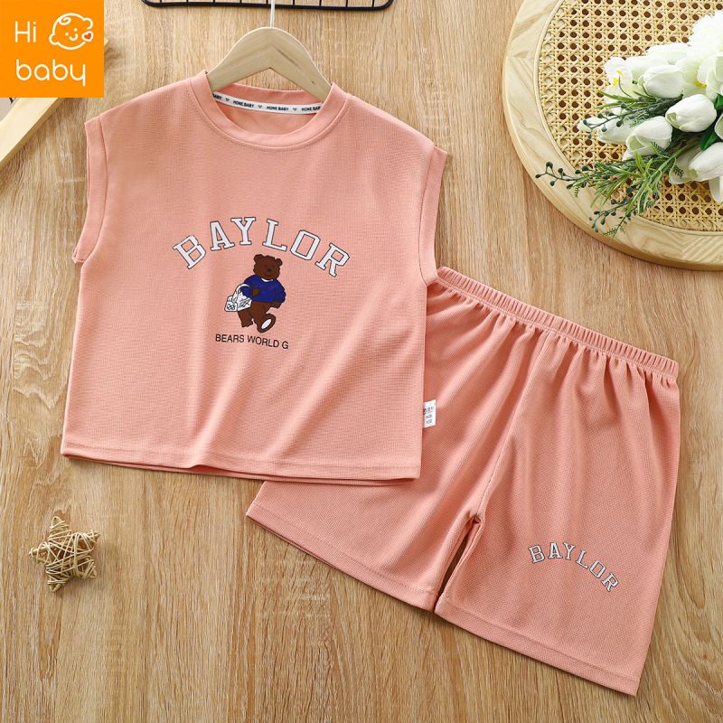 2024 Childrens Vest Set New Waffle Top Sleeveless Shorts for Boys and Girls Summer Childrens Wear