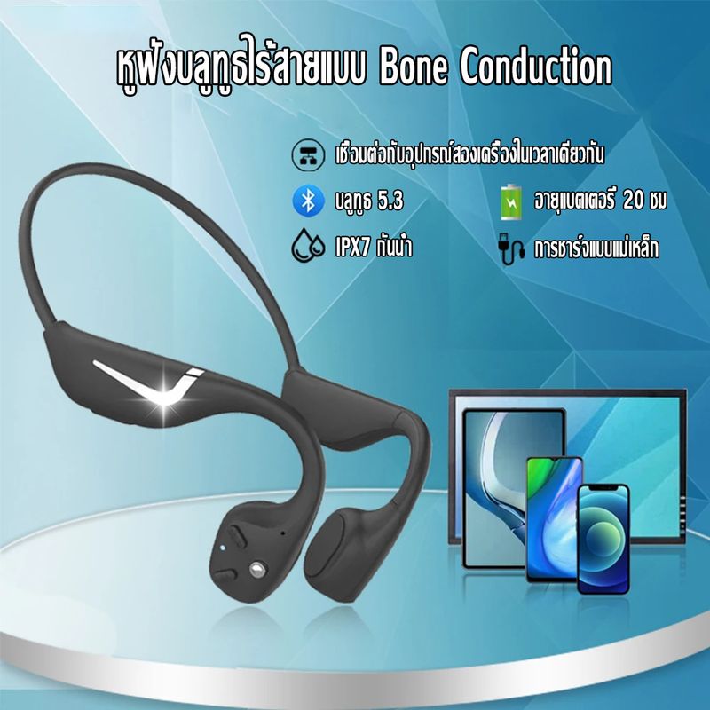 ชุดหูฟังไร้สายบลูทูธ Real Bone Conduction พร้อมปุ่มควบคุม MIC BT5.3 ลดเสียงรบกวน IPX7 กันน้ำสำหรับหูฟังกีฬา