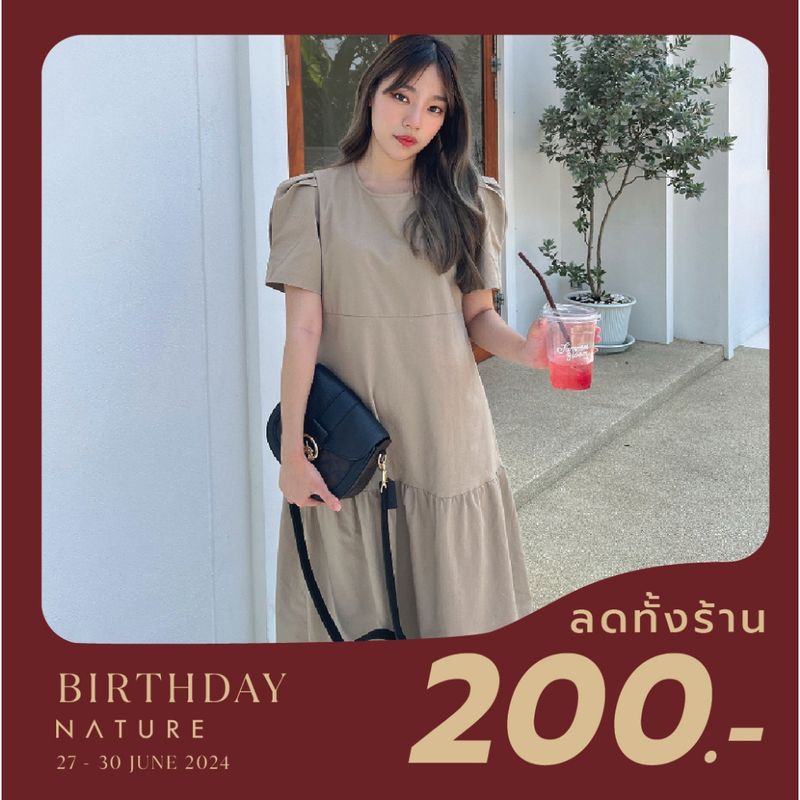 🤎ลด 𝟲𝟬.-พิมพ์ 𝗡𝗧𝗕𝗝𝟳𝟳🤎nature.bkk - DRN1256 เดรสยาวจีบชายกระโปรง preto dress