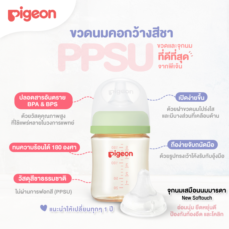 (ของแท้-ฉลากไทย) Pigeon ขวดนมคอกว้าง พีเจ้น ขวดนม PPSU/PPWN (ขนาด 5/8 ออนซ์) ขวดนมเด็ก ขวดนมสีชา ขวดนมสีขุ่น ขวดนมพีเจ้น มาพร้อม จุกนมพีเจ้น pigeon