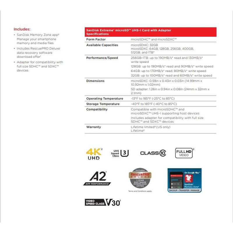 SanDisk EXTREME micro SDXC UHS-I A2 256GB (SDSQXAV-256G-GN6MN) reads 190MB/s writes 130MB/s