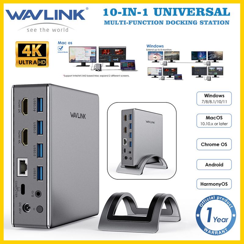 Wavlink สถานีเชื่อมต่อสากล10-In-1 Usb 3.0 Dual-Monitor พร้อม Hdmi 2KHdmi 4Kกิกะบิตอีเธอร์เน็ตแบบมีสาย3 5มมแจ็คเสียงพอร์ต Usb 3.0และ100W Usb-C Pd ชาร์จพอร์ต Thunderbolt 3/4สำหรับ M1/M2 Macbook Pro/air พื้นผิว Pro และแล็ปท็อปอื่นๆ