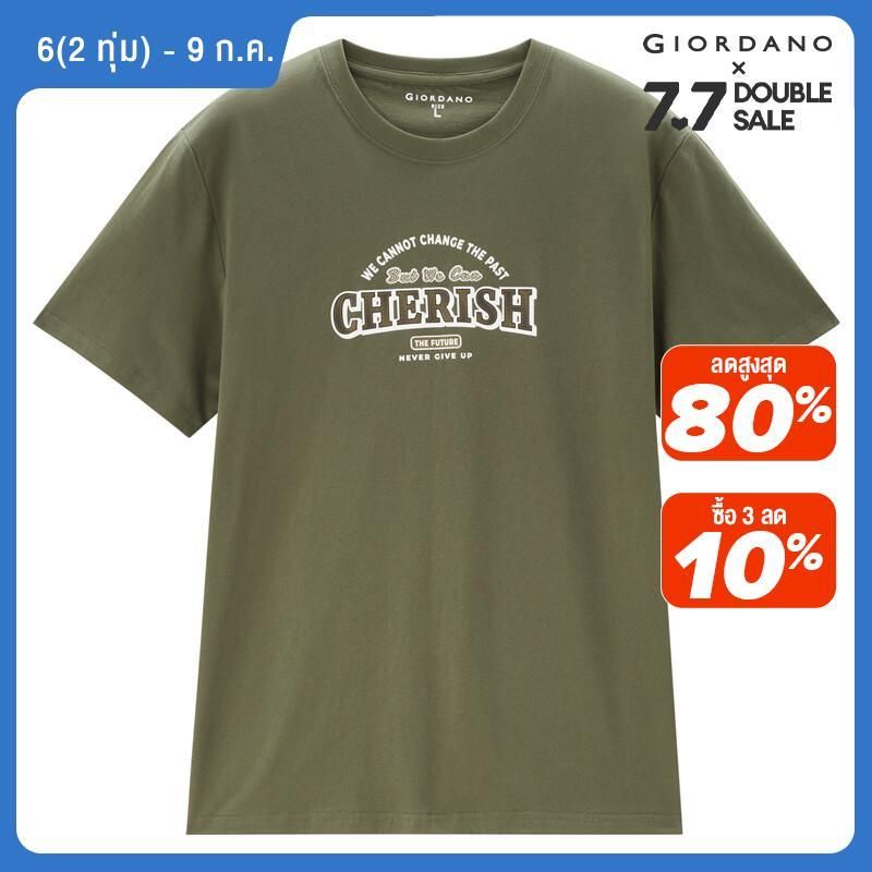 GIORDANO ผู้ชาย เสื้อยืดแฟชั่น Retro พิมพ์เสื้อแขนสั้น Comfort 100% Cotton Crewneck ผ่อนคลายฤดูร้อน Tee Free Shipping 13094201