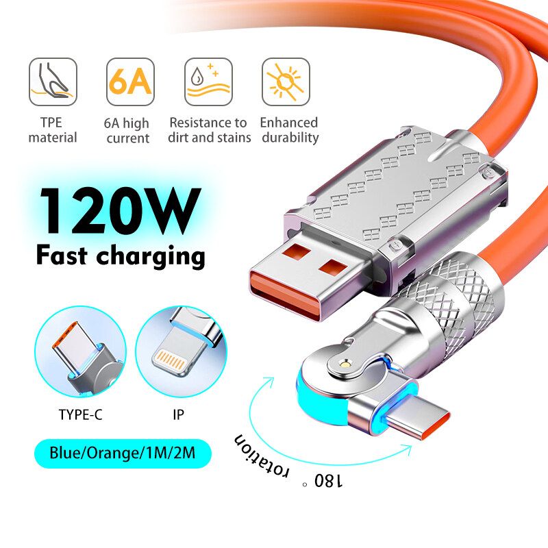 สายชาร์จเร็ว120W 6A Super Fast Charge Cableสายชาร์จType-Cสายชาร์จเร็วมากiPhoneสายเคเบิลข้อมูล หมุนได้180°สําหรับHuawei Xiaomi iPhone vivoฯA94