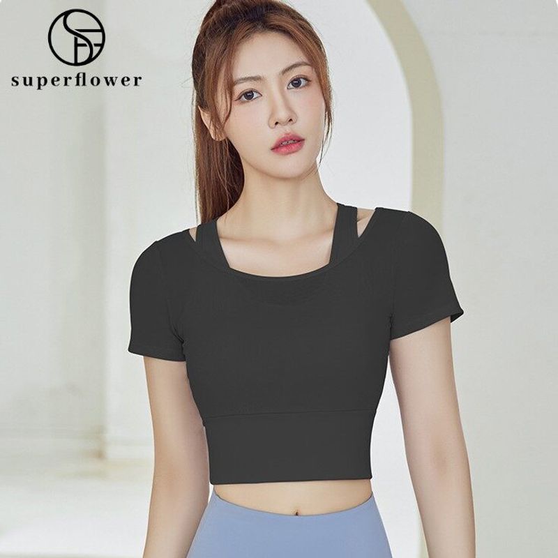 SUPERFLOWER เสื้อโยคะผู้หญิงใส่สบายเสื้อ2ใน1เสื้อยืดแขนสั้นสำหรับออกกำลังกายเบาะผ้าตาข่ายและระบายอากาศได้ดี