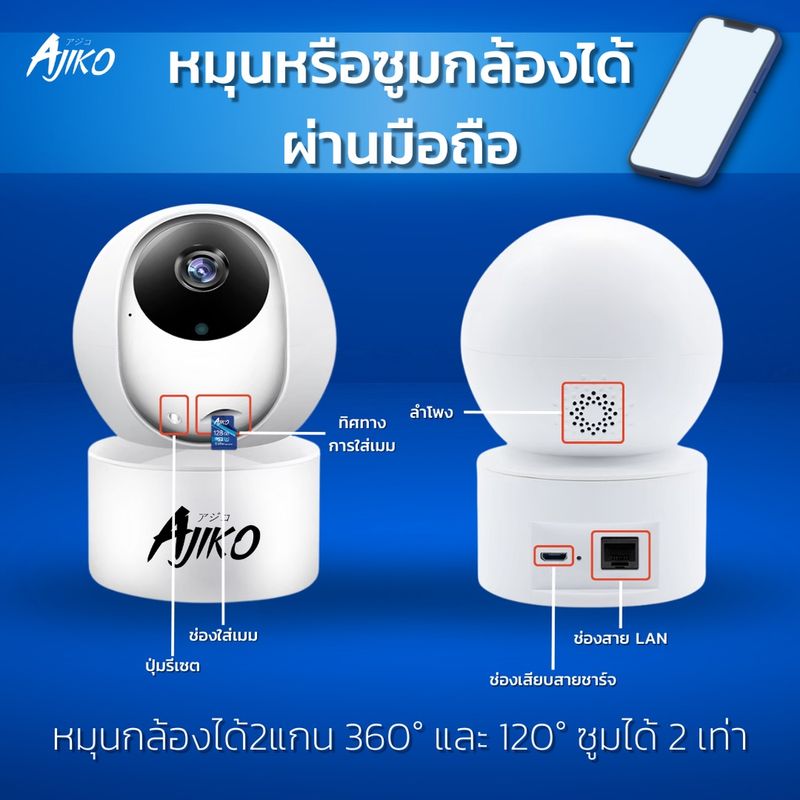 Ajiko SMART CCTV กล้องวงจรปิดไร้สาย IP ⚡️2ล้าน 1080p FHD ดูผ่านมือถือ-ในที่มืด-จับเคลื่อนไหว ภาษาไทย