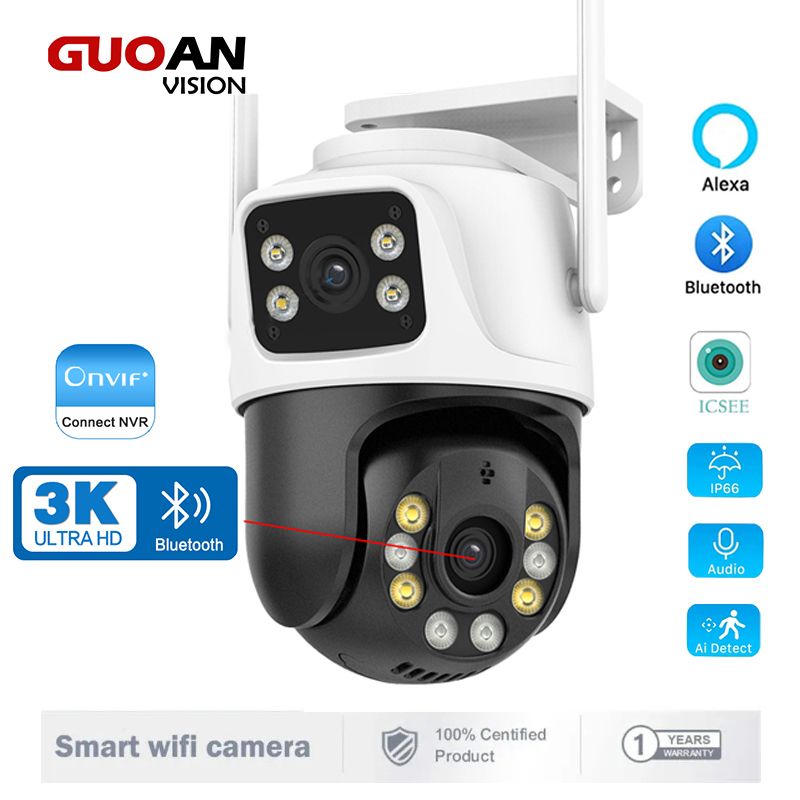 GUOANVISION 8MP กล้องวงจรปิด iCSee PTZ นอกบ้าน เลนส์คู่หน้าจออัตโนมัติติดตามกล้อง iP กลางแจ้งไร้สาย