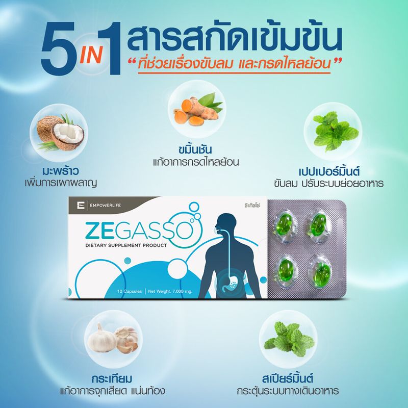 zegasso แผง10เม็ด (3 แผง)  กรดไหลย้อน ขับลม ช่วยย่อยอาหาร ท้องอืด จุก เสียด แน่นเฟ้อ