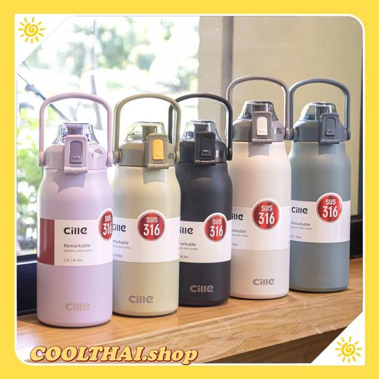 CILLE ขวดนำ้สแตนเลส ยกดื่มและหลอดดูด 1.7L แท้งค์เก็บอุณหภูมิ SUS316 รับคูปองค่าจัดส่งฟรี