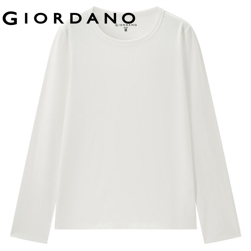 GIORDANO Women T-Shirts 100% Cotton Simple Plain Color Basic T-Shirts Long Sleeve Crewneck Casual Relaxed T-Shirts 13322882