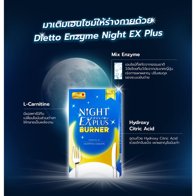 [ซื้อ 1 แถม 1] Tokoyo ไดอะโตะ เอนไซม์ช่วยเบิร์น Night EX Plus Burner [30 แคปซูล *2 - รวม 60 แคปซูล]