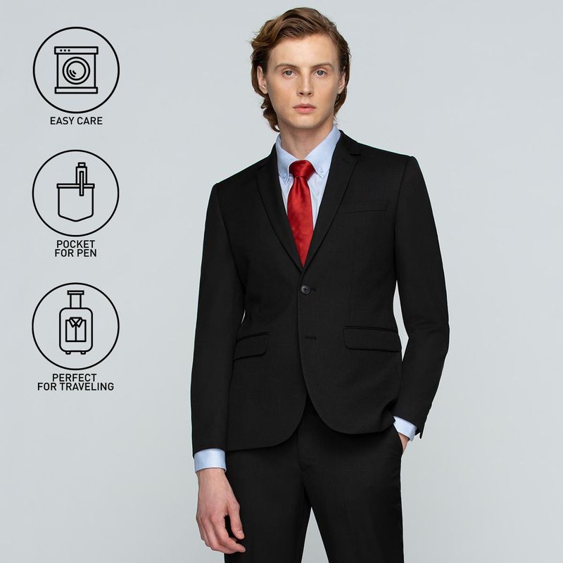 GQ Essential Suits สูทผู้ชายทรงสลิม รุ่น Super TR Slim Black  สีดำ (ซักเครื่องได้)