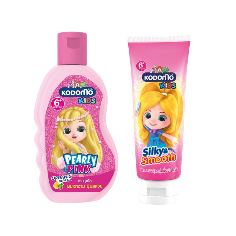 KODOMO Kids แชมพู 2 in 1 โคโดโม คิดส์ สำหรับเด็ก เพิร์ลลี่พิงค์ 200 มล. + ครีมนวดผม Silky & Smooth 150 มล.