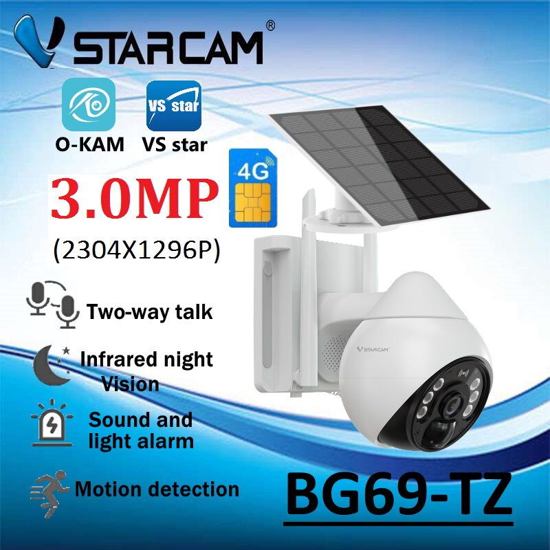 Vstarcam BG69 / BG66DR ( ใส่ซิมได้ 4G ) 3.0MP(1296P) กล้องวงจรปิดไร้สาย Outdoor กันน้ำได้ ภาพสี มีAI+ คนตรวจจับสัญญาณเตือน แถมแผงโซลล่าเซลล์