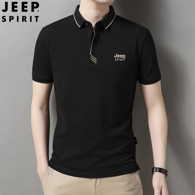 JEEP SPIRIT 1941 ESTD:เสื้อโปโลของผู้ชายสำหรับฤดูร้อน,ดำ,XL