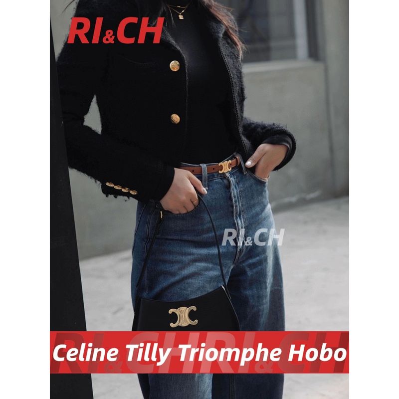 #Rich Celine ราคาถูกที่สุดใน Shopee แท้💯กระเป๋า TILLY Hobo Bag ขนาดกลาง ผ้าแคนวาสลายทรียงฟ์และหนังลูกวัว