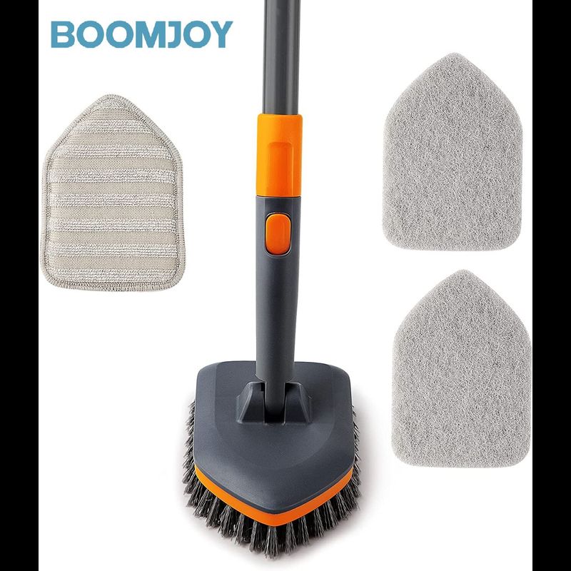 BOOMJOY แปรงอุปกรณ์ขัดอ่างอาบน้ำกระเบื้องพร้อมฟังก์ชั่น3แบบหัวทำความสะอาดที่แตกต่างกันและด้ามจับยาว56 "ยืดได้-ไม่มีรอยขีดข่วนอุปกรณ์ขัดถูเวลาอาบน้ำสำหรับทำความสะอาดผนังห้องน้ำห้องครัวอ่างอาบน้ำอ่างล้างหน้าสีเทา