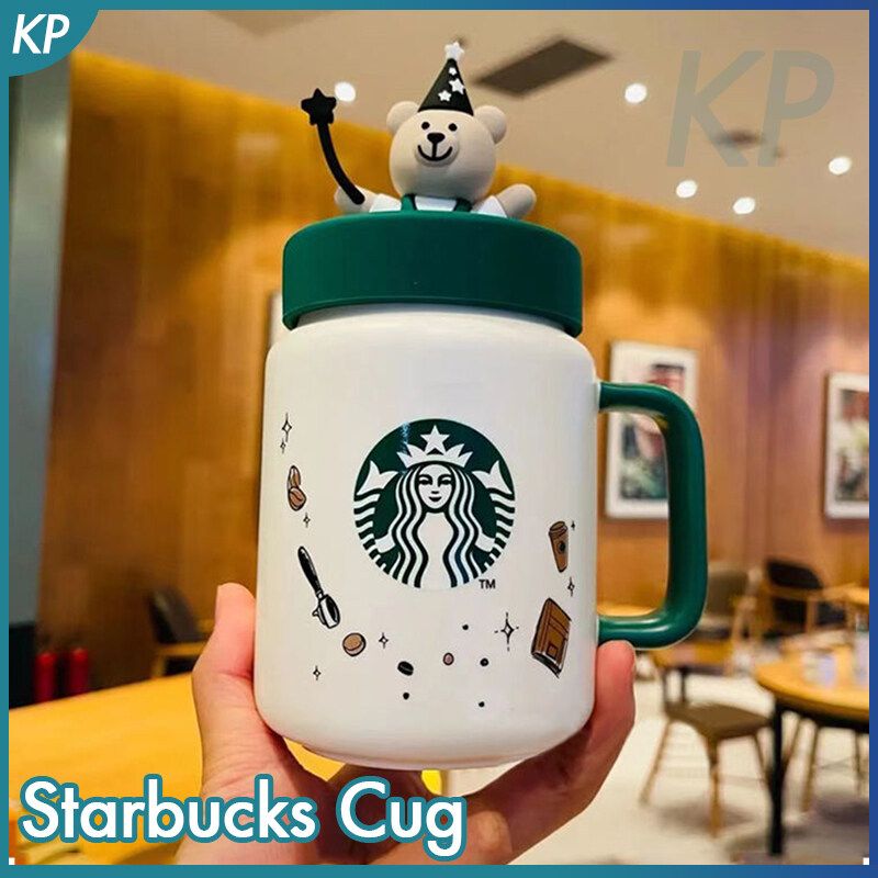 Starbuck ถ้วยแก้วเซรามิคพร้อมฝาครอบ Mason S Magic Bear ถ้วยซิลิโคนฝาปิดถ้วยกาแฟสำนักงานถ้วยนม435Ml Creative Gift Box