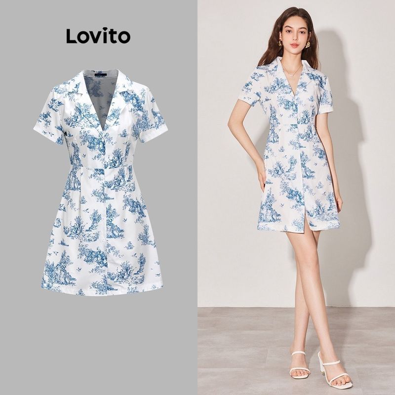 Lovito ชุดเดรส คอปก แต่งกระดุม ลายดอกไม้ สไตล์ลำลอง สำหรับผู้หญิง L59ED116 (สีน้ำเงินและสีขาว)