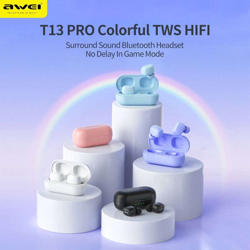 Awei T13 Pro TWS หูฟังบลูทูธ5.3สีสันสดใส, หูฟังอัจฉริยะตัดเสียงรบกวนสเตอริโอรอบทิศทางพร้อมไมโครโฟนคู่หูฟังไร้สาย IPX6หูฟังกันน้ำรองรับ Type C ที่ชาร์จเร็วหูฟังสำหรับ iPhone 15 14 Pro Samsung S24 ultra Huawei