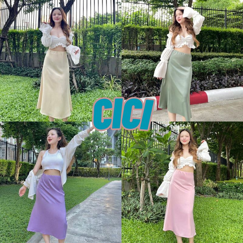 Cici(NO.2312)กระโปรงยาวสีพื้น ทรงหางปลาผ้าซาติน ดีเทลเอวยางยืด สไตล์เกาหลี