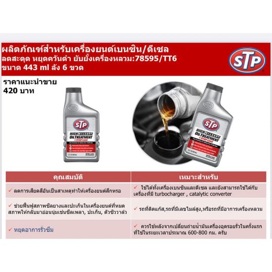 NEW หัวเชื้อน้ำมันเครื่องสูตรหยุดการรั่วซึม STP (เอสทีพี) High Mileage Oil Treatment + Stop Leak ขนาด 443  STP78595