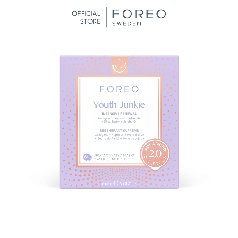 FOREO UFO Masks Youth Junkie x6 ฟอริโอ้ ยูเอฟโอมาส์ก สูตรฟื้นฟูผิวด้วยสารสกัดจากคอลลาเจน (6 ซอง/กล่อง)