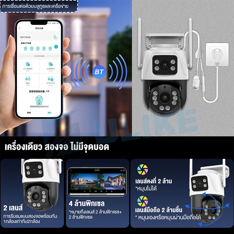 【icsee 2กล้อง】ulikehome กล้องวงจรปิด 2เลนส์ คมชัด FHD 5MP กล้องกันน้ำ หมุนได้ มีไมค์ลำโพงพูดตอบโต้ได้ ภาพสีตลอด24 ชม Dual lens design icsee app