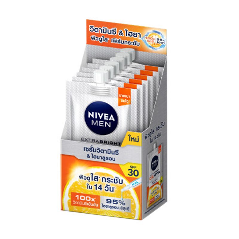 NIVEA นีเวีย เมน เอ็กซ์ตร้า ไบรท์ ซี&ไฮยา เอจ ดีเฟนซ์ วิตามิน เซรั่ม เอสพีเอฟ30. 7 มล.NIVEA MEN EXTRA BRIGHT C&HYA AGE DEFENSE VITAMIN SERUM SPF30. 7 มล.(มีให้เลือกแบบซองและกล่อง)