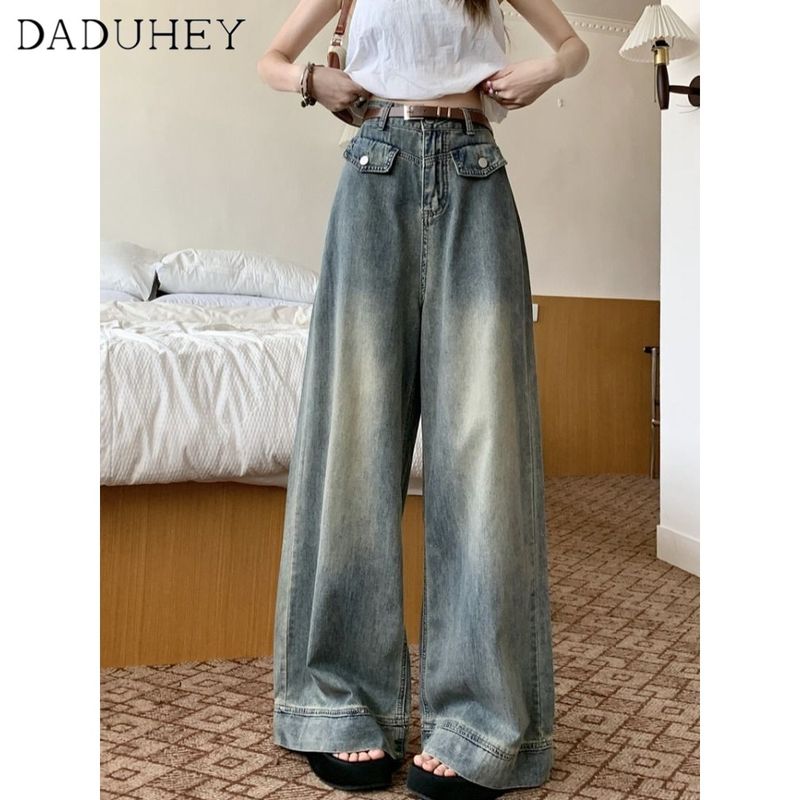 DaDuHey🎈 American Style Women's Washed-out Blue Jeans Straight-Leg High Waist Wide Leg Fashion All-Match Mopping Loose Long Pants