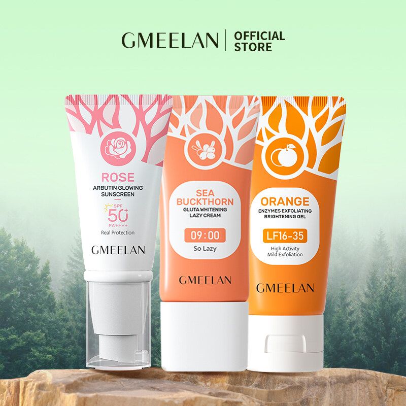 Gmeelan ซีบัคธอร์น กลูต้า ไวท์เทนนิ่ง เลซี่ ครีม โรส อาร์บูติน ไบรท์เทนนิ่ง ซันสกรีน เอสพีเอฟ50+ พีเอ++++ เจลผลัดเซลล์ผิวด้วยเอนไซม์สีส้ม