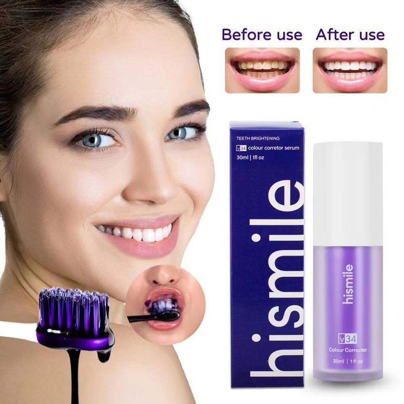 "Hismile V34 Whitening Cleaning Tooth Purple Cleansing  ยาสี ฟันฟันขาว ลดกลิ่นปาก และละลายคราบ ลมหายใจหอมสดชื 30ml ลดคราบหินปูน คราบฟัน  ยาสีฟันขจัดปูน ยาสีฟันสีม่วงจะแทรกซึมช่องว่างในเคลือบฟันเพื่อขจัดเศษอาหารและคราบฝังลึกที่ฝังอยู่ในฟัน"