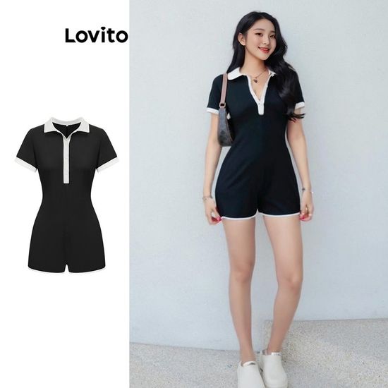 Lovito จั๊มสูทขายาว บล็อกสี สไตล์สปอร์ตธรรมดาสำหรับผู้หญิง L89ED127