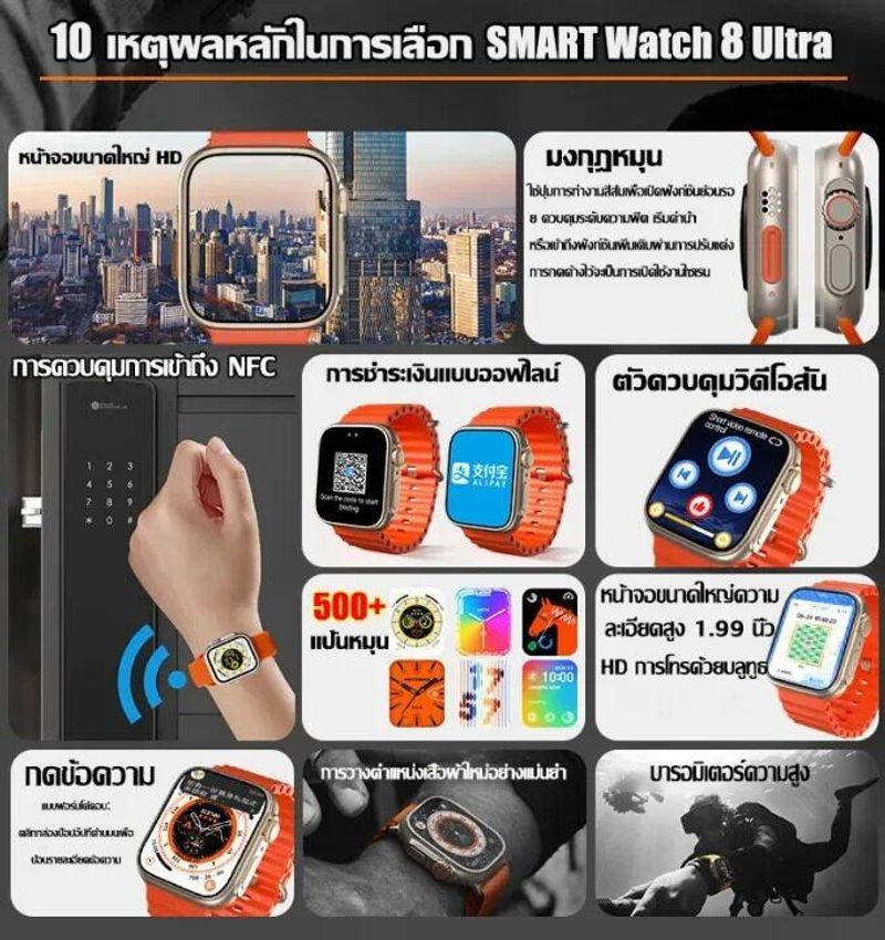 [นาฬิกาออกกำลังกาย] นาฬิกา smart watch แท้ 2023 นาฬิกาสมาร์ทwatch สมาร์ทวอทช์ แท้ นาฬิกาออกกำกาย กันน้ำ นาฬิกาวัดความดัน วัดชีพจร ทำงานได้ทั้งระบบ Android และ IOS รุ่น Watch 8 ultra