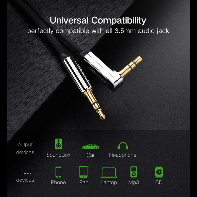 UGREEN สาย AUX 3.5mm แจ็คต่อสัญญาณ หัวงอ 90 องศา HIFI Cable สายยาว 1-1.5m รุ่น AV119