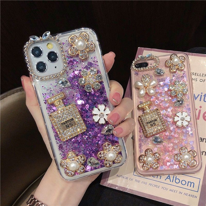 Liquid Quicksand Glitter Bling เพชรสําหรับ iPhone 14 13 12 Pro Max ปลอกดอกไม้สําหรับ iPhone 11 Pro Max XS XR X